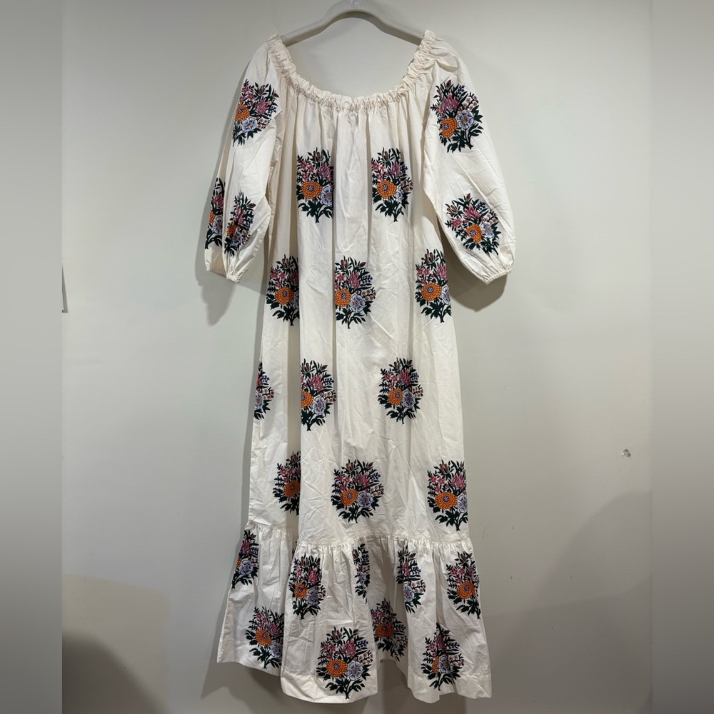 Fragonard Women’s White Ivory Floral Block Printed Peasant 3/4 Sleeve Maxi Dress